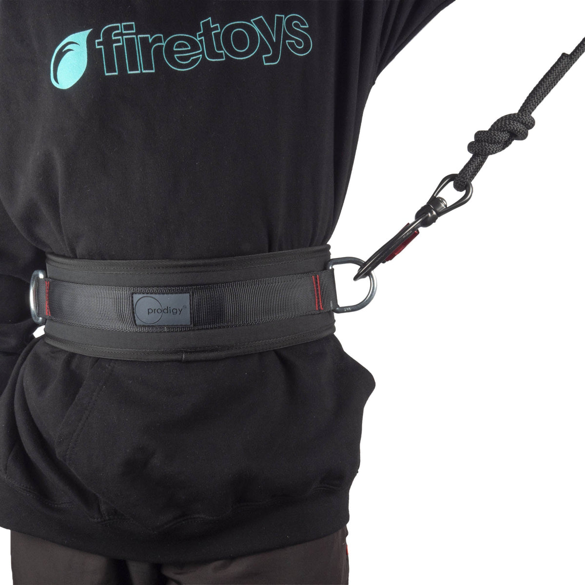 swivelbiner clipped to acro lunge belt with rope
