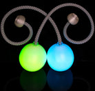 flowtoys flowmoja contact poi, one glowing blue and one glowing green