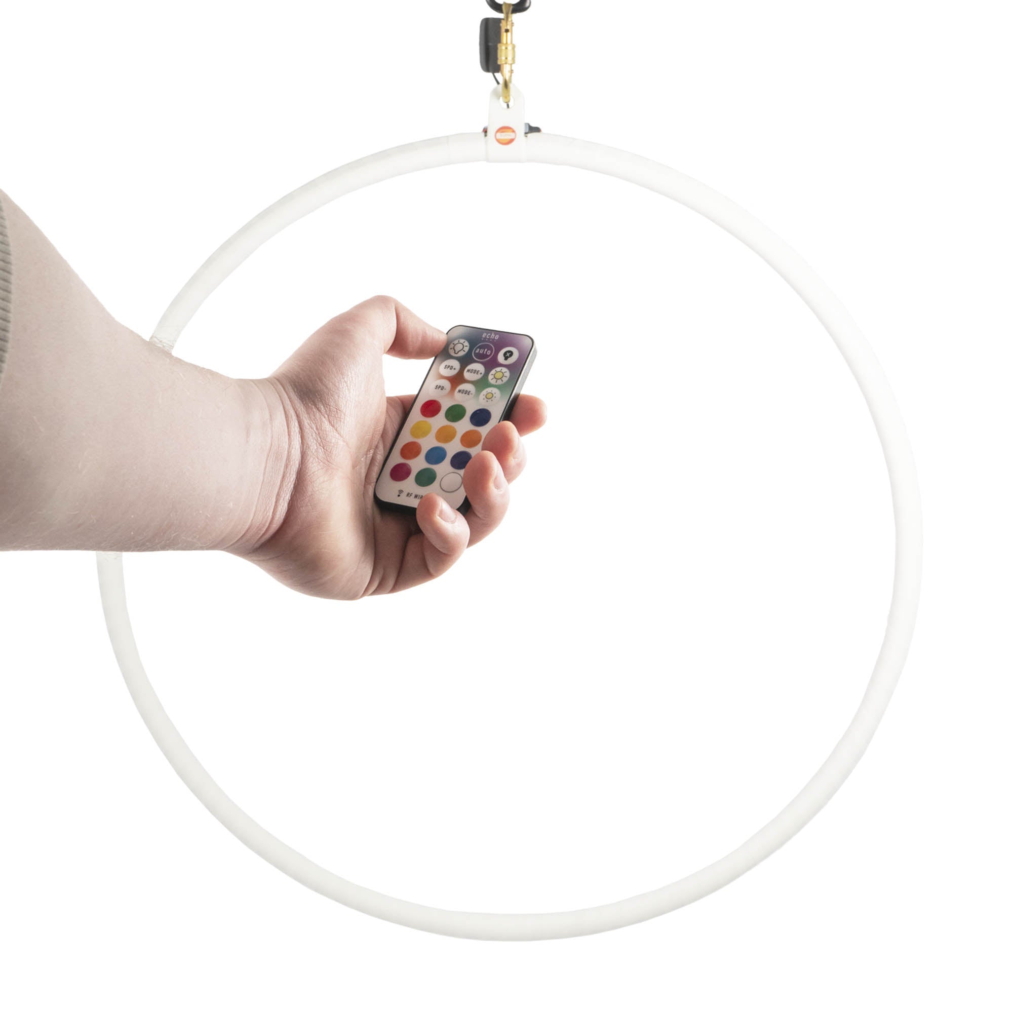 Firetoys X echo aerial led hoop, remote with hoop in background