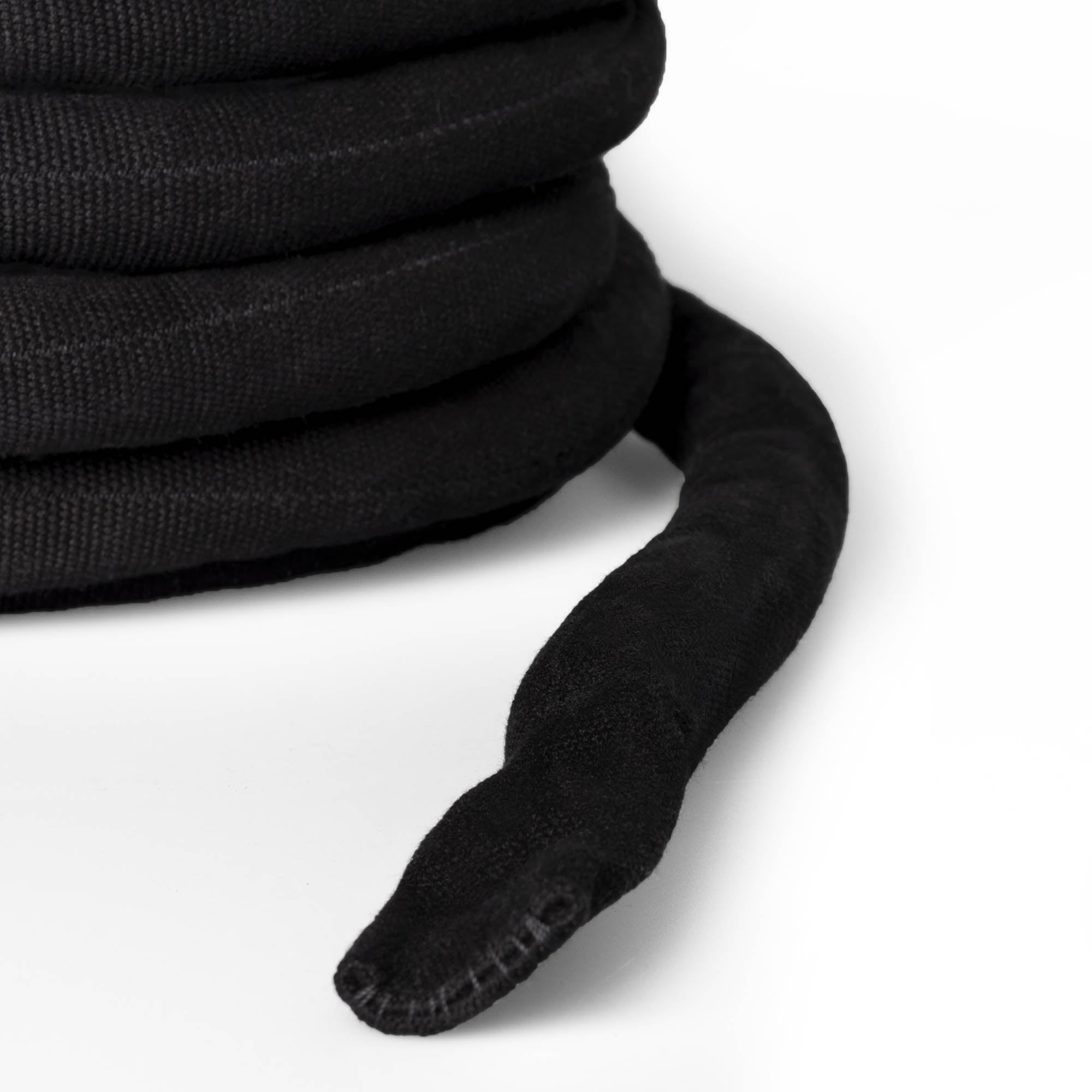 Black Leo cotton covered rope close up of flat end