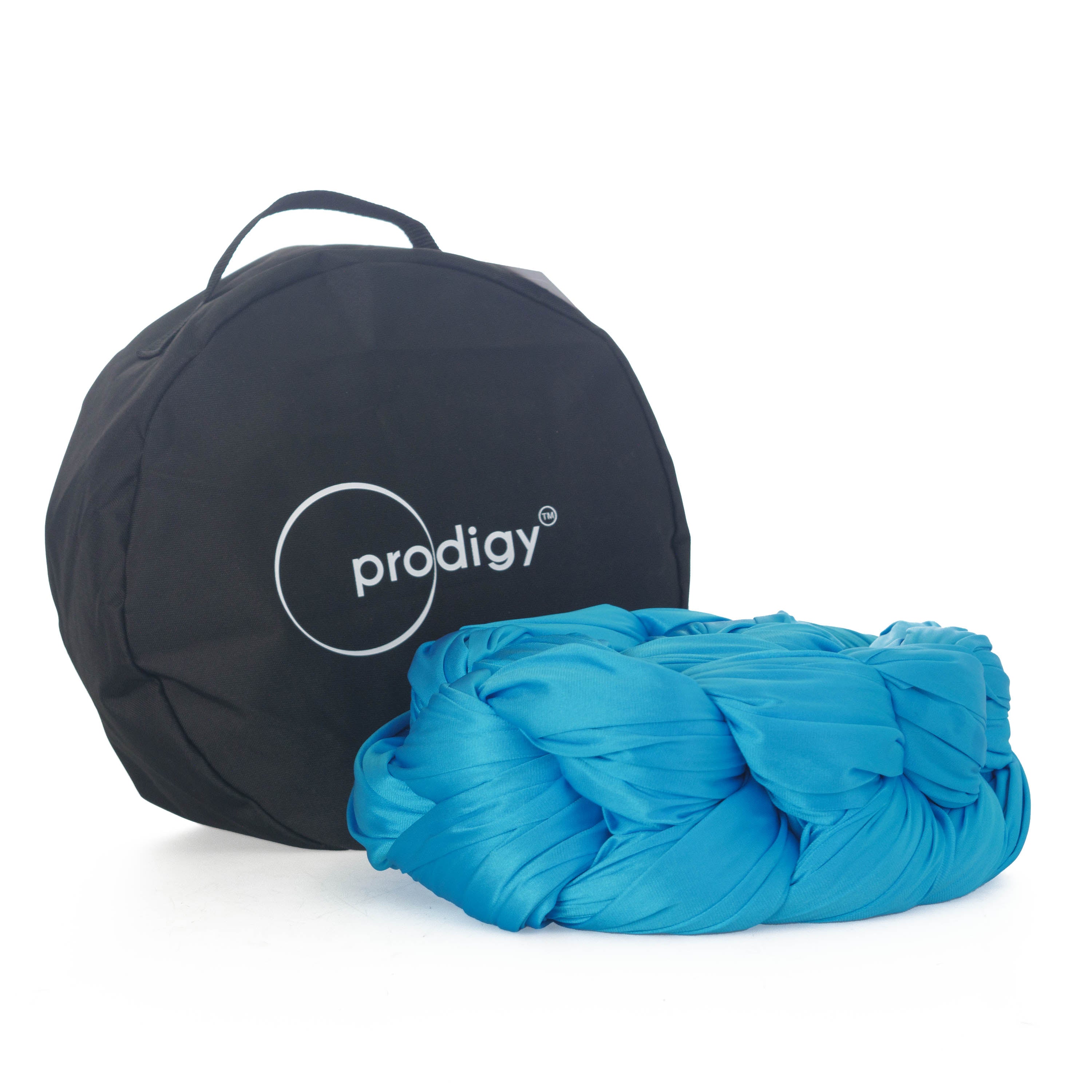 Turquoise Prodigy hammock tied next to bag